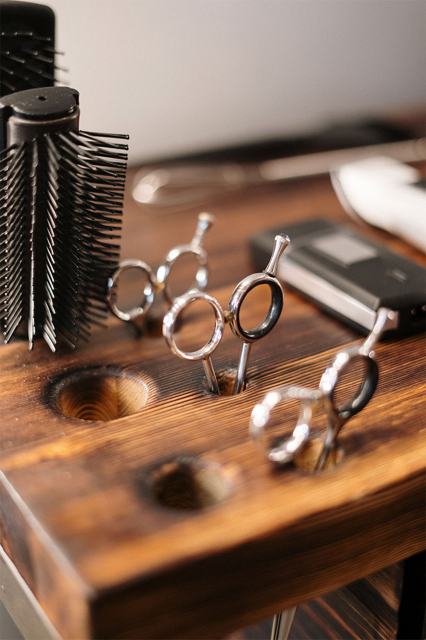 hairdressing scissors and a hairbrush