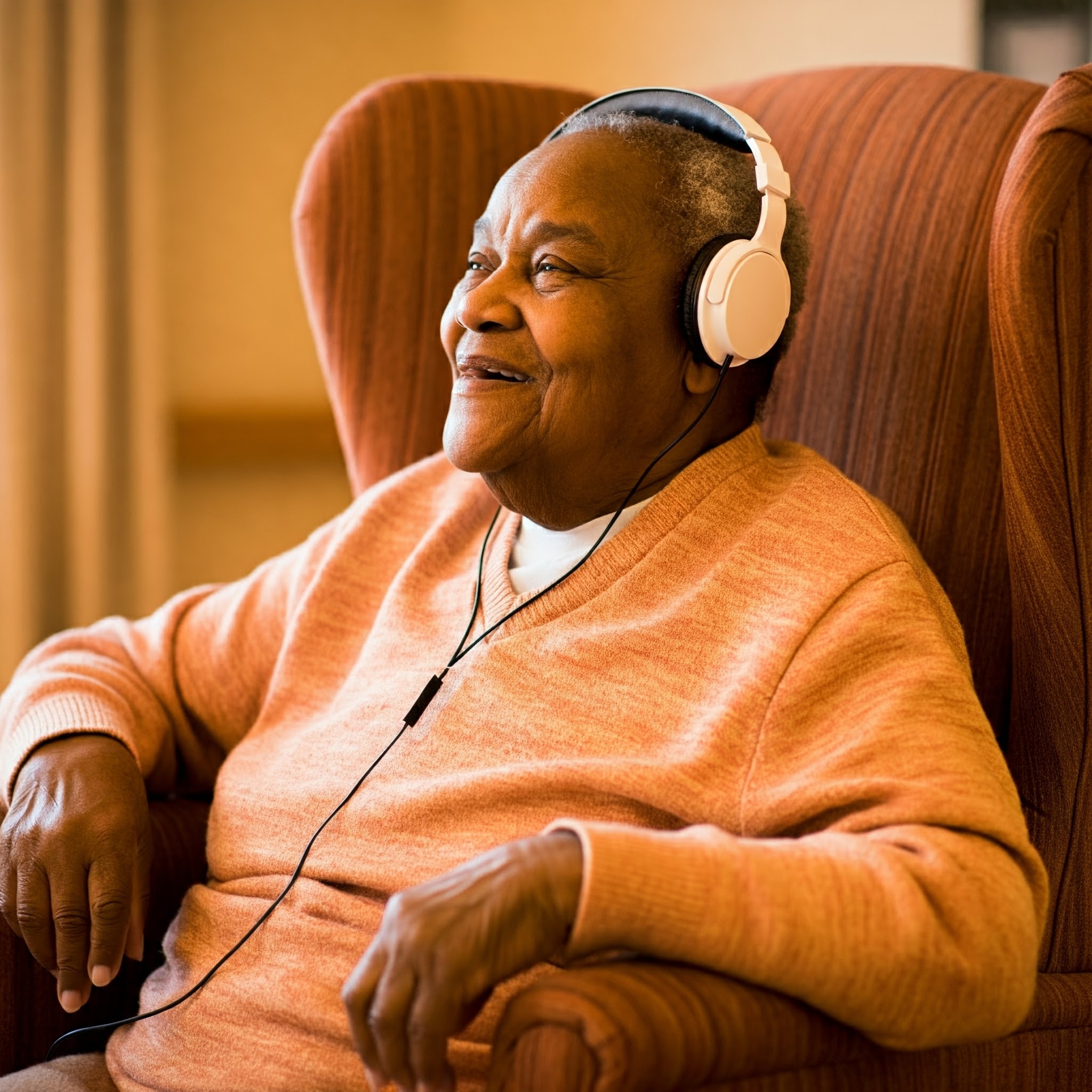 A resident listening to music