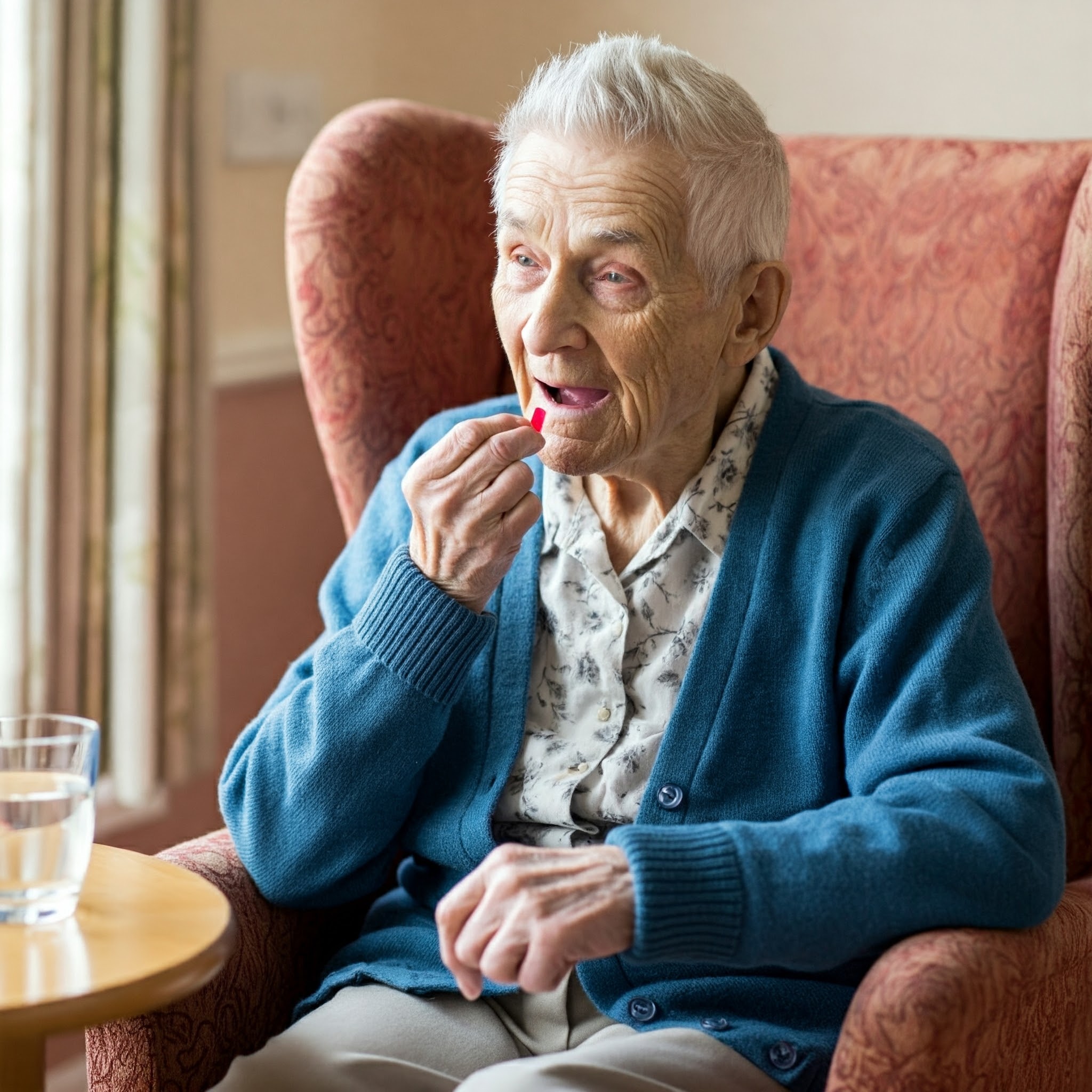 A resident preparing to take a pill