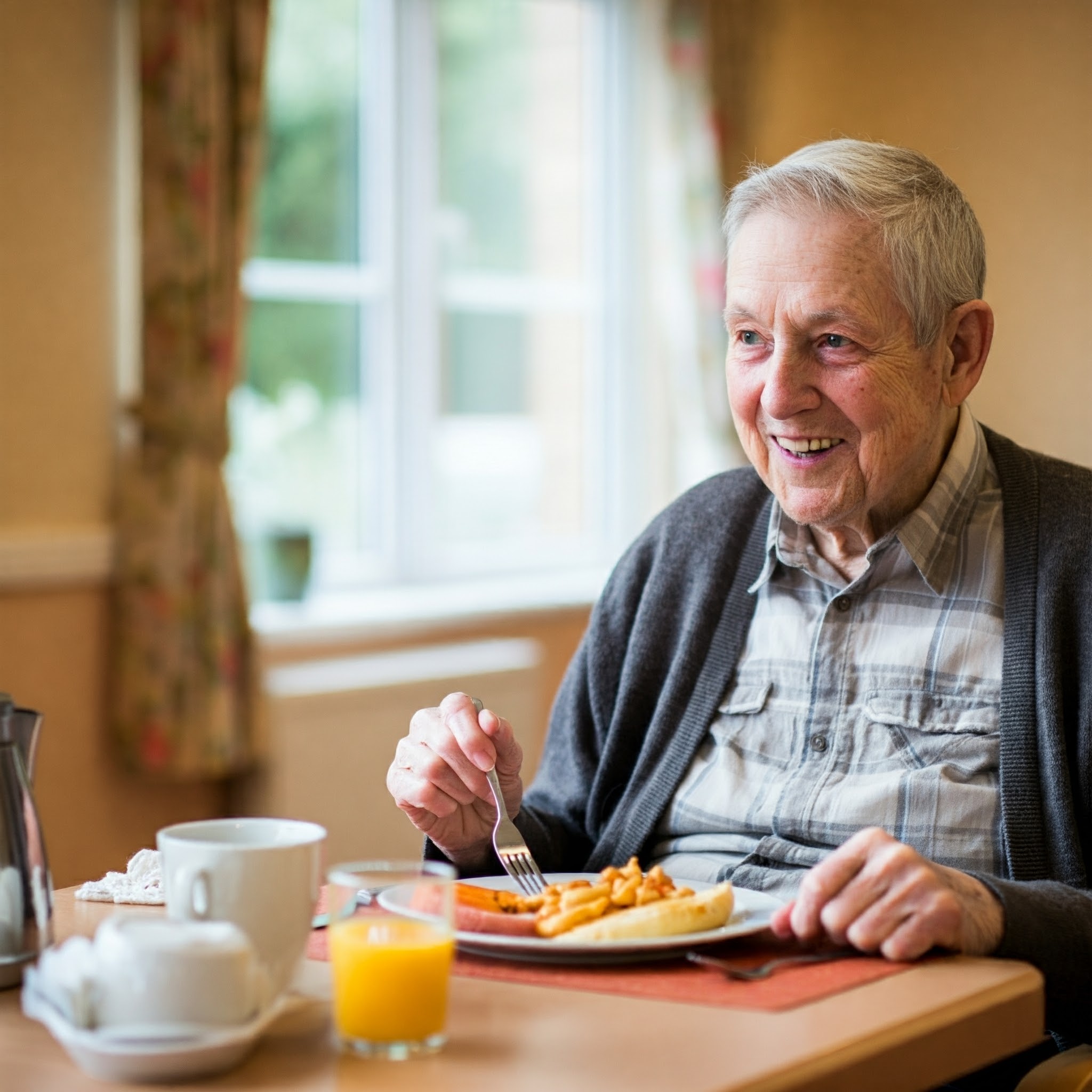 A resident enjoying breakfast