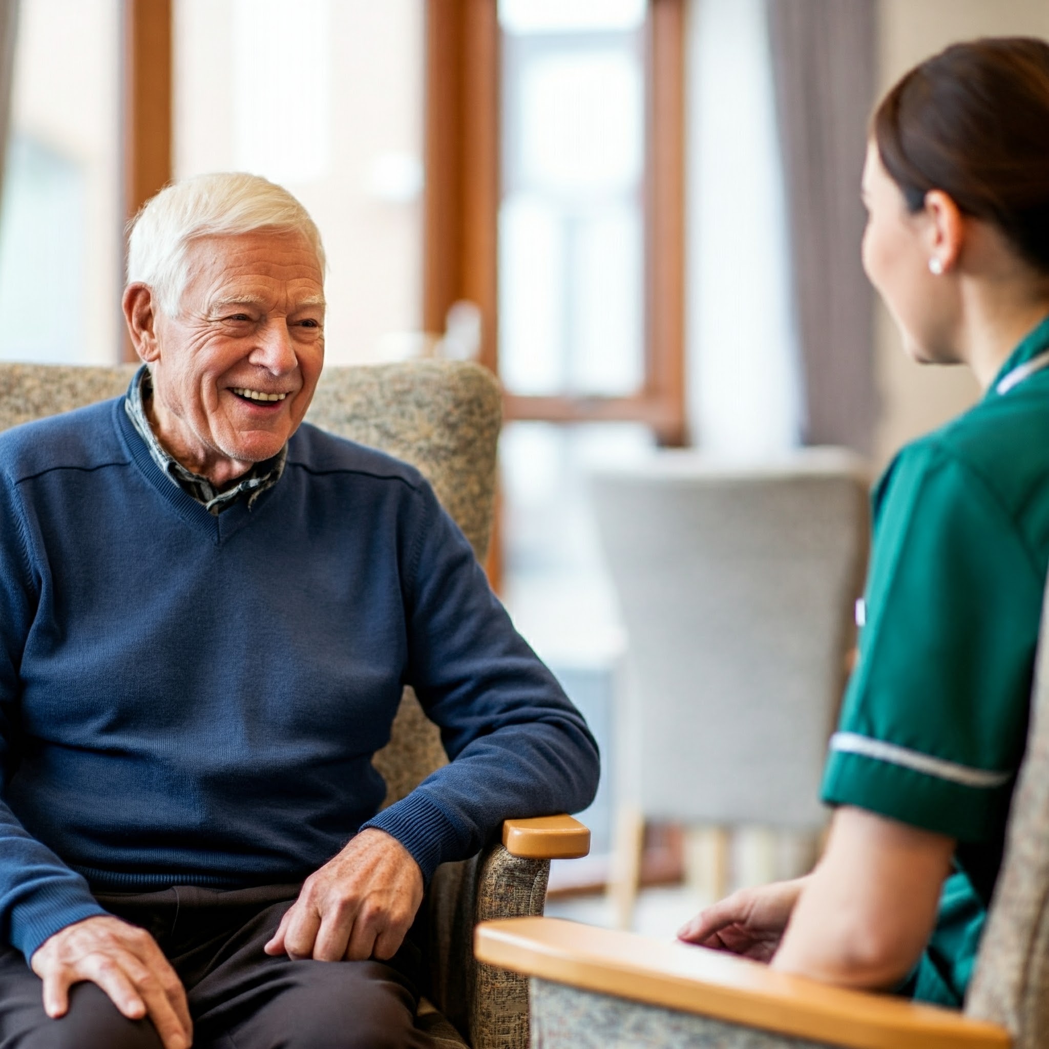 A resident and nurse chatting