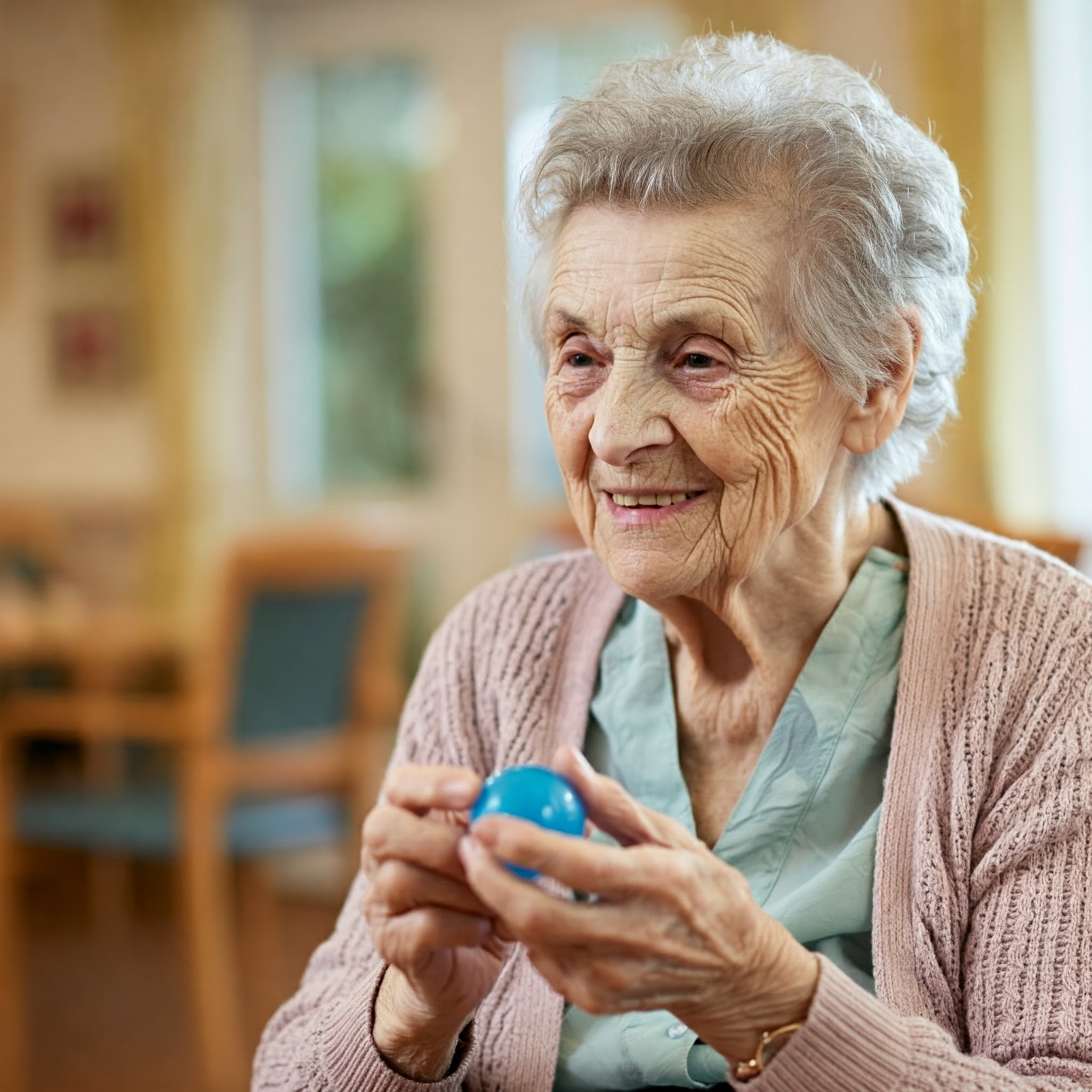 A resident holding a small blue ball