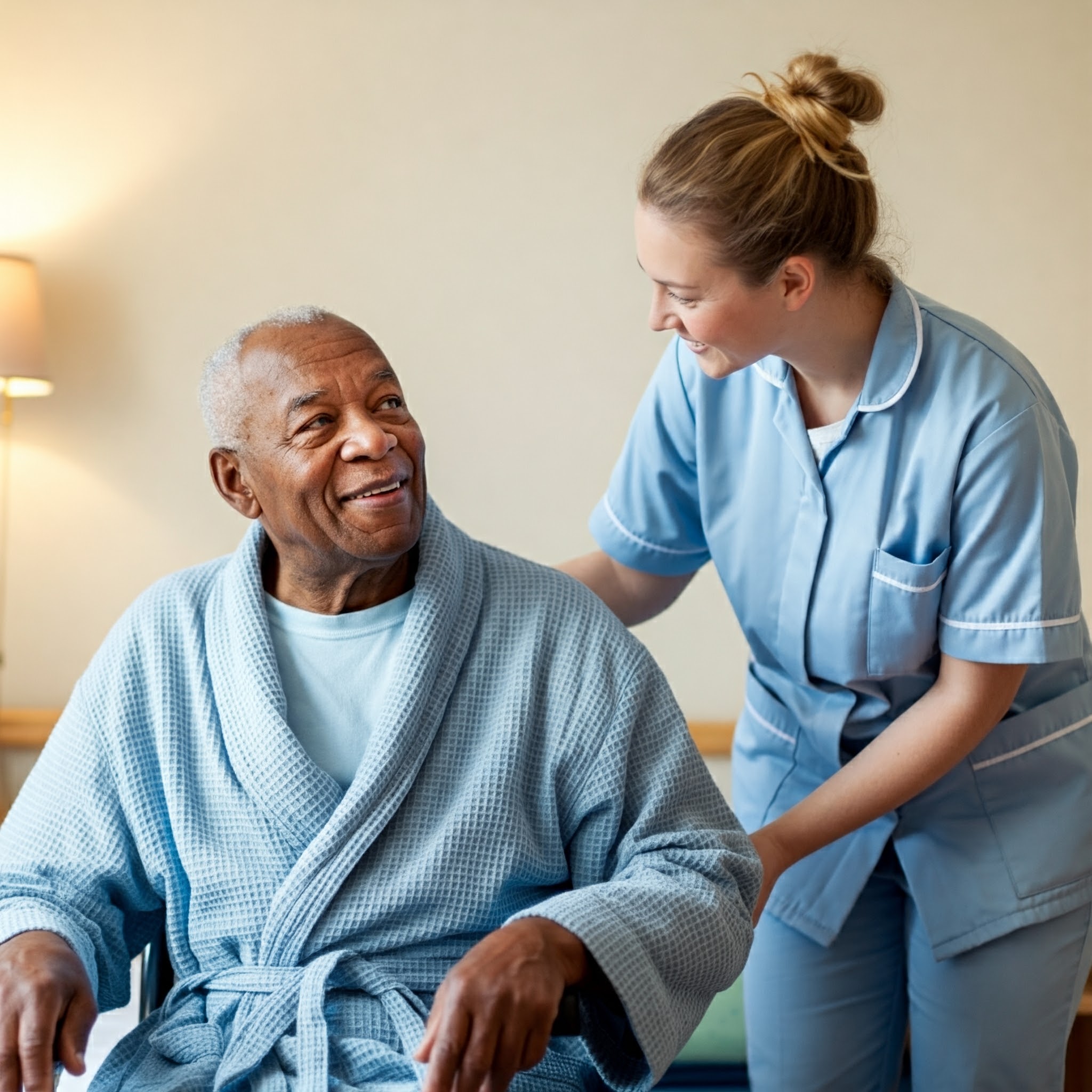 A resident being helped by a nurse