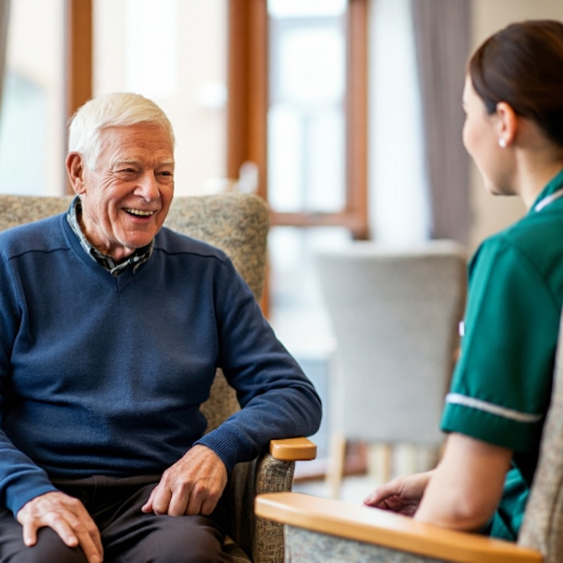 resident sat down chatting with a carer